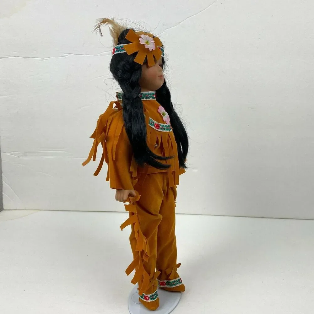 Native American Porcelain Girl Doll Fringe Pants & Top Embroidery Trim 14